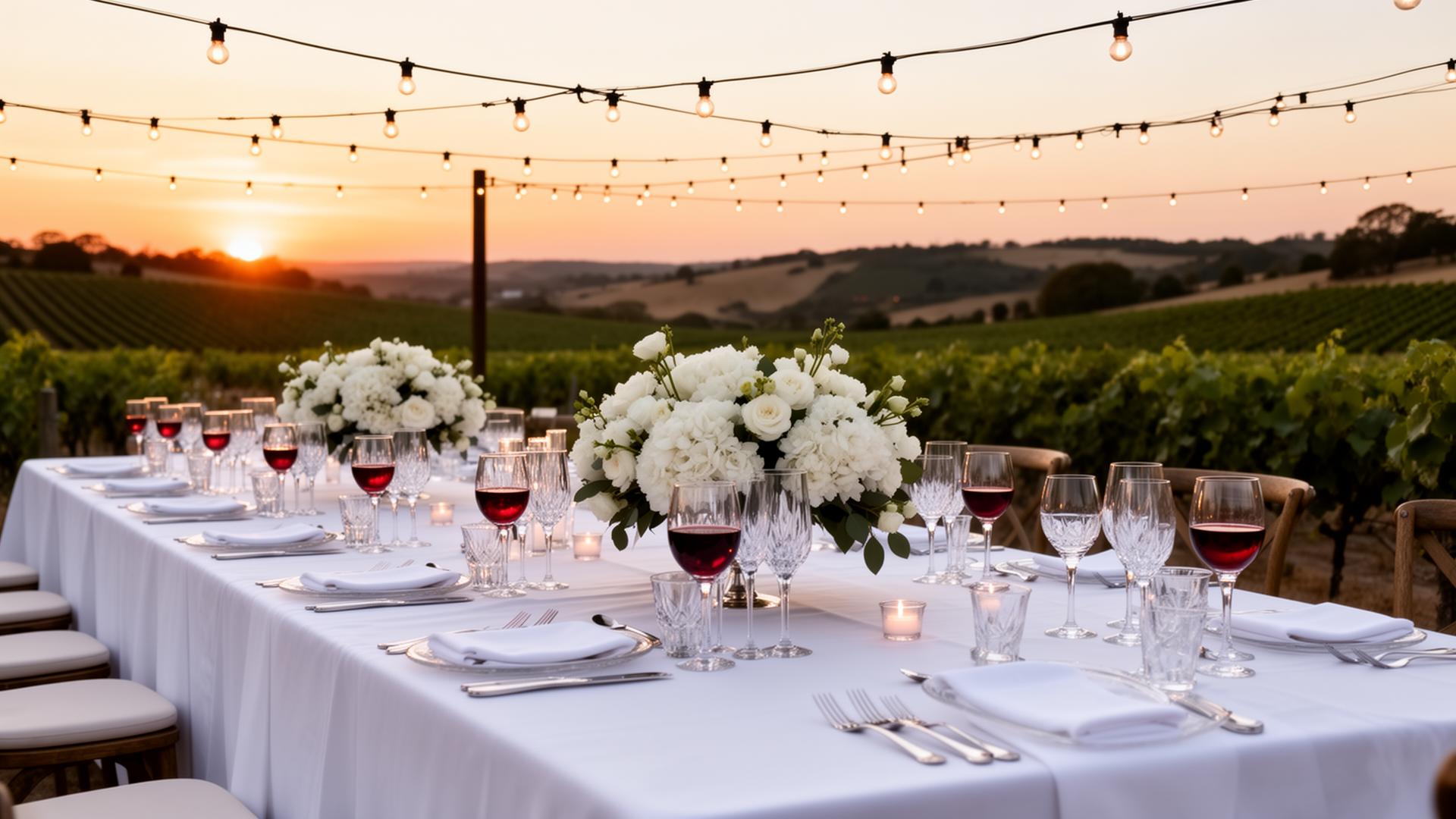 mesa de banquete nupcial con vino tinto Rioja en viñedo