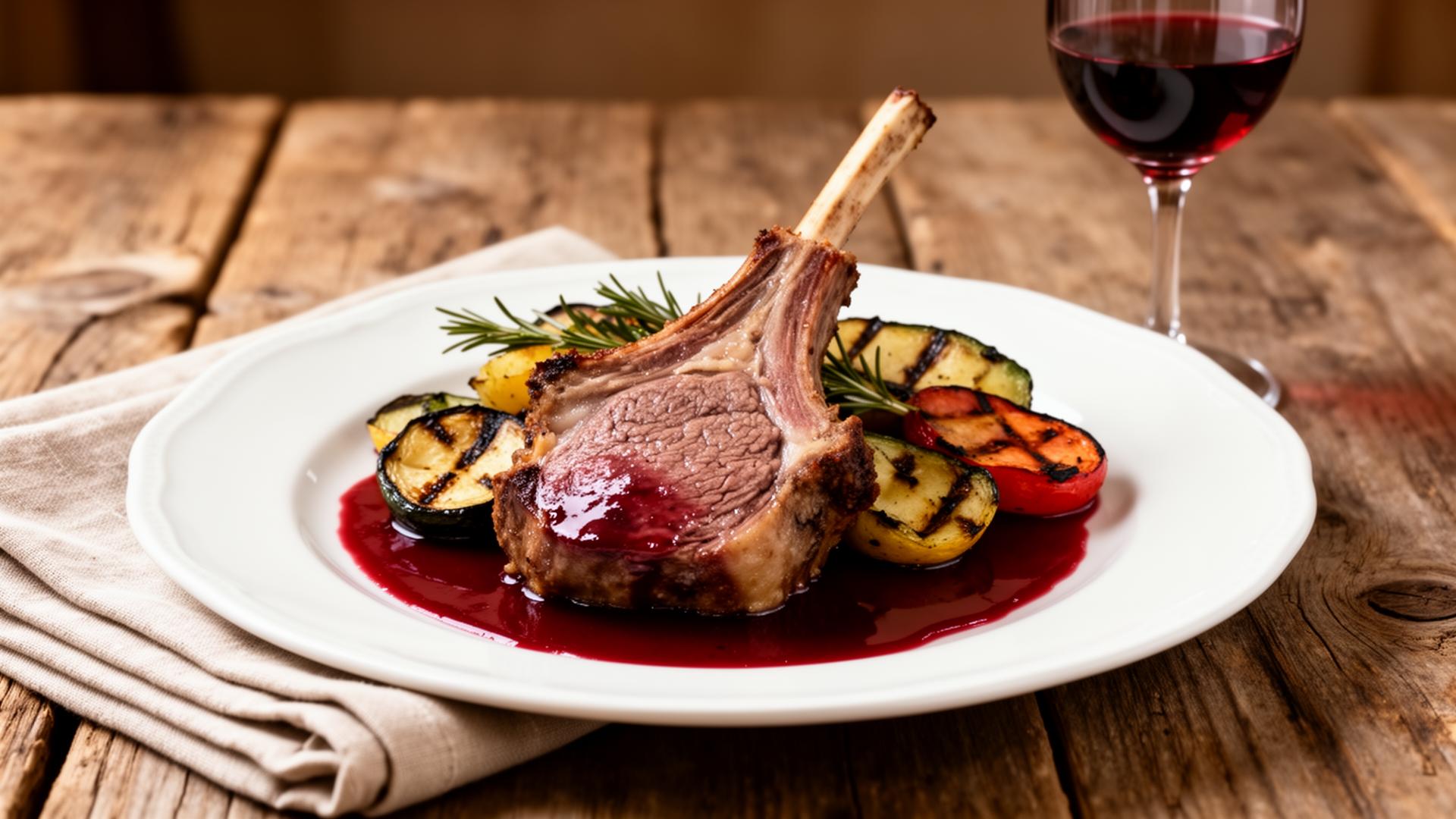 cordero asado riojano emplatado con verduras y vino tinto Rioja
