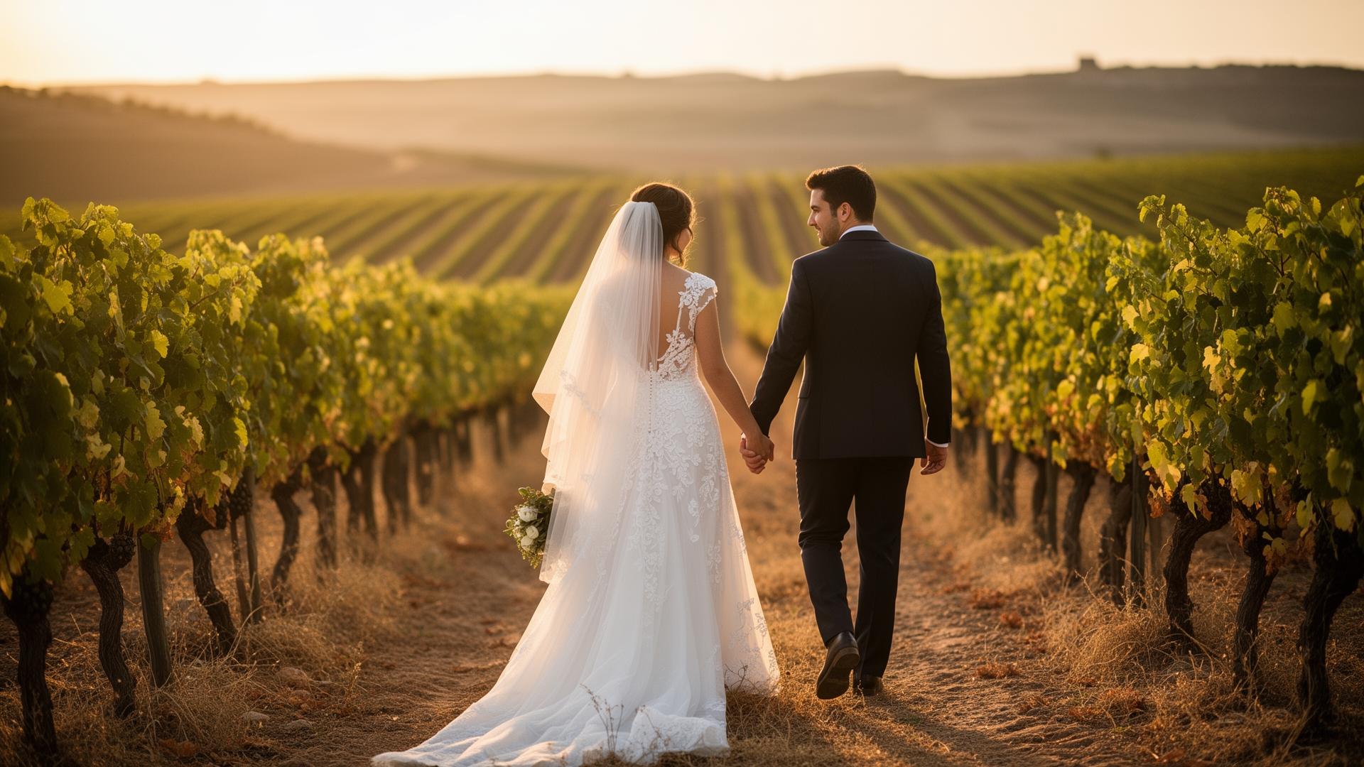 novios paseando entre viñedos de La Rioja al atardecer
