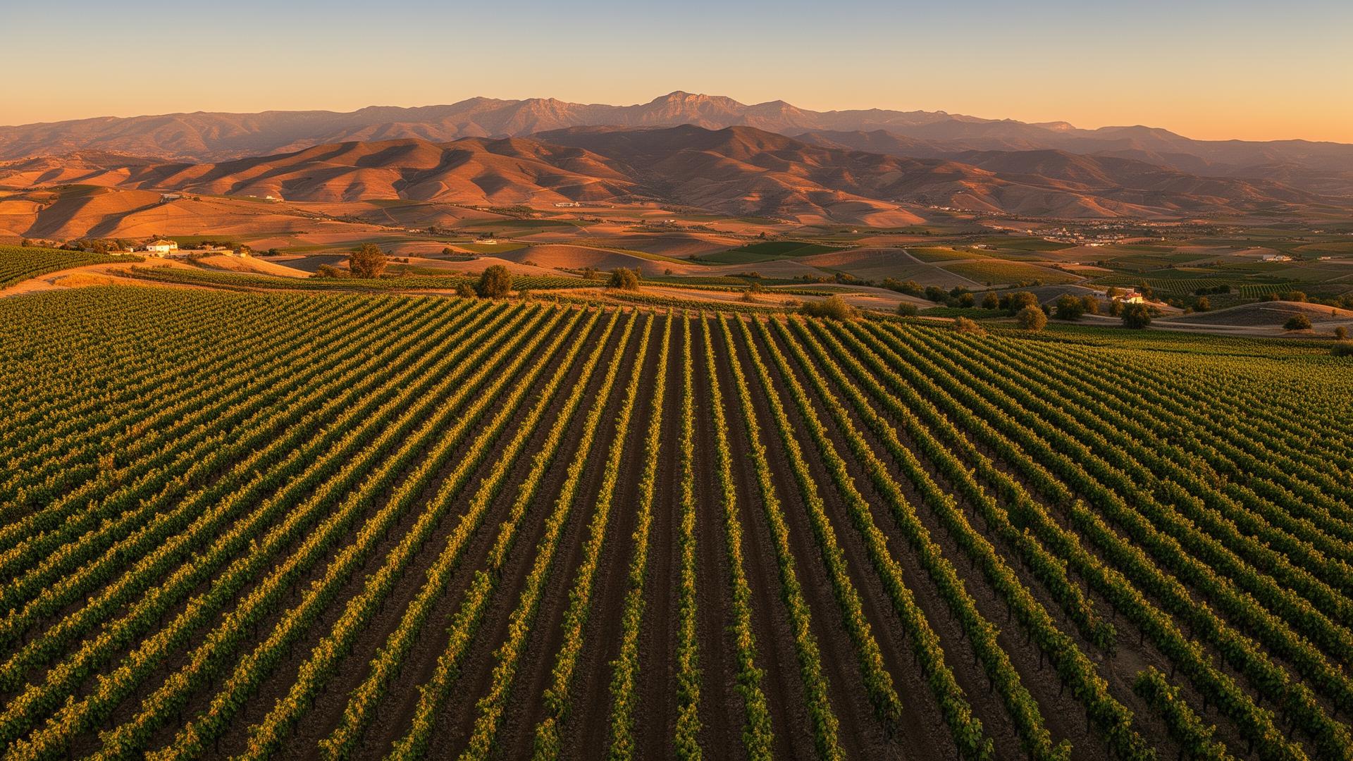 paisaje de viñedos de La Rioja al atardecer con la sierra al fondo