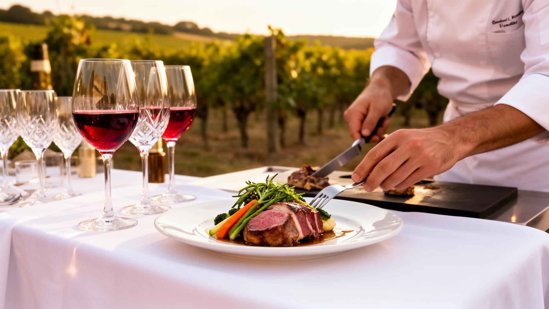 chef sirviendo plato gourmet en showcooking de boda en viñedo de La Rioja
